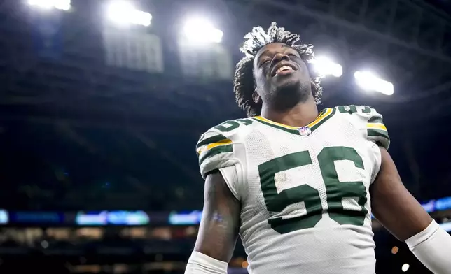 Green Bay Packers' Edgerrin Cooper celebrates after an NFL football game against the Seattle Seahawks Sunday, Dec. 15, 2024, in Seattle. (AP Photo/Lindsey Wasson)