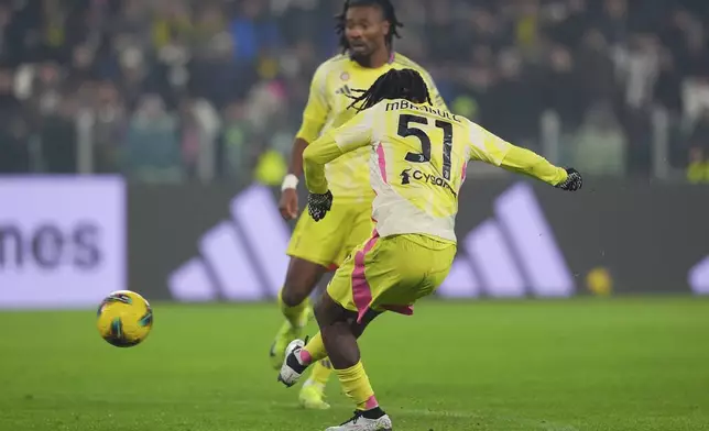 Juventus' Samuel Mbangula scores his side's second goal during the Italian Serie A soccer match between Juventus and Bologna at the Allianz Stadium in Turin, Italy, Saturday, Dec. 7, 2024. (Spada/LaPresse via AP)