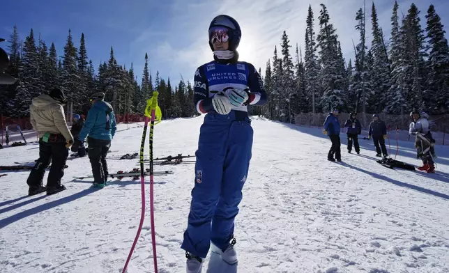 Lindsey Vonn prepares to be a forerunner at a women's World Cup downhill training run, Wednesday, Dec. 11, 2024, in Beaver Creek, Colo. (AP Photo/John Locher)