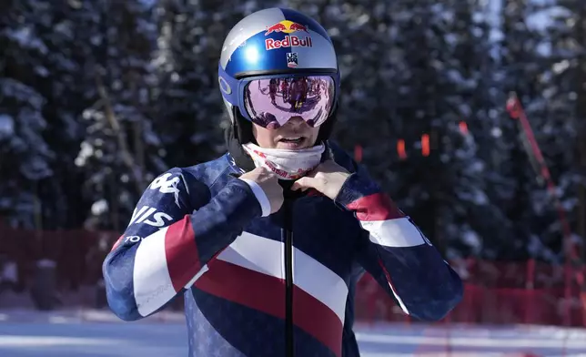 Lindsey Vonn prepares to be a forerunner at a women's World Cup downhill training run, Wednesday, Dec. 11, 2024, in Beaver Creek. (AP Photo/John Locher)