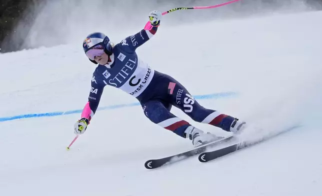 Forerunner Lindsey Vonn skis before a women's World Cup super-G ski race, Sunday, Dec. 15, 2024, in Beaver Creek, Colo. (AP Photo/Robert F. Bukaty)