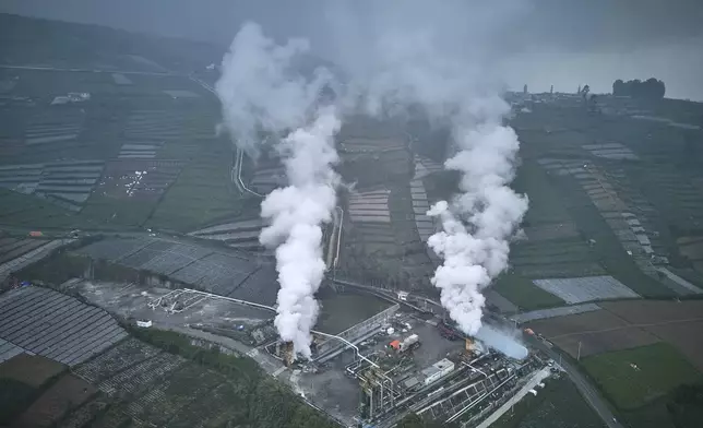 Steam rises from a geothermal power plant in Dieng, Central Java, Indonesia, Nov. 15, 2024. (AP Photo/Beawiharta)