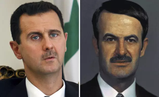 FILE - A combo of file photos shows Syrian President Bashar Assad, left, on Aug. 19, 2009, in Tehran, Iran, and his father, former Syrian President Hafez Assad, on Dec. 1, 1972, in an unknown location. (AP Photo, File)