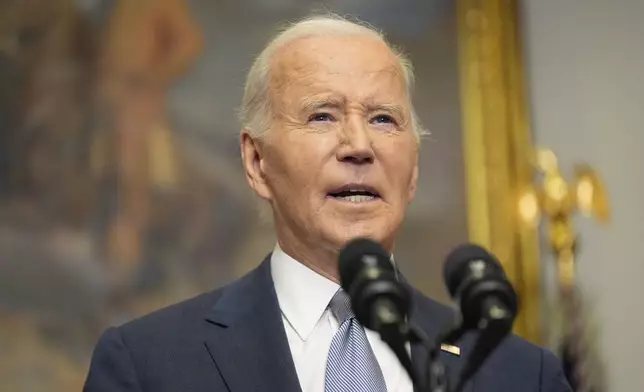 President Joe Biden speaks about the sudden collapse of the Syrian government under Bashar Assad from the Roosevelt Room at the White House in Washington, Sunday, Dec. 8, 2024. (AP Photo/Manuel Balce Ceneta)