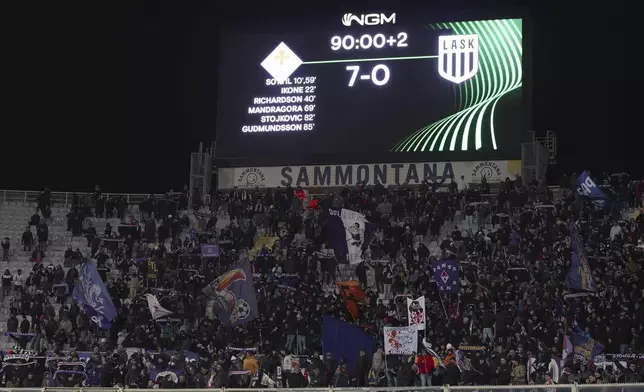 The screen shows the score during the Europa Conference League opening phase soccer match between Fiorentina and LASK at the Artemio Franchi Stadium in Florence, Italy, Thursday Dec. 12, 2024. (Massimo Paolone/LaPresse via AP)