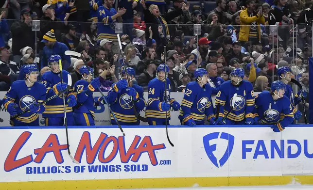 The Buffalo Sabres bench reacts after a goal by left wing Beck Malenstyn during the first period of an NHL hockey game against the Colorado Avalanche in Buffalo, N.Y., Tuesday, Dec. 3, 2024. (AP Photo/Adrian Kraus)