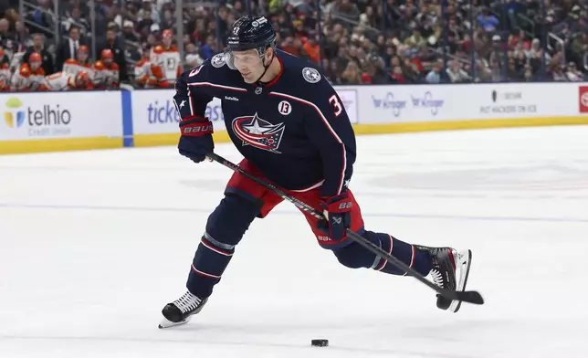 Columbus Blue Jackets defenseman Jack Johnson (3) shoots the puck during the second period of an NHL hockey game against the Anaheim Ducks Saturday, Dec. 14, 2024, in Columbus, Ohio. (AP Photo/Joe Maiorana)