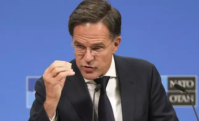 NATO Secretary General Mark Rutte speaks during a media conference prior to a meeting of NATO foreign ministers at NATO headquarters in Brussels,Tuesday, Dec. 3, 2024. (AP Photo/Virginia Mayo)