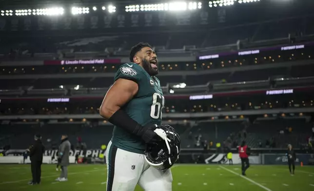 Philadelphia Eagles offensive tackle Jordan Mailata leaves the field after an NFL football game against the Pittsburgh Steelers on Sunday, Dec. 15, 2024, in Philadelphia. (AP Photo/Matt Slocum)