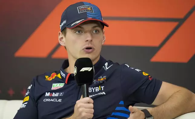 Red Bull driver Max Verstappen of the Netherlands attends a news conference ahead of the Formula One Abu Dhabi Grand Prix, at the Yas Marina Circuit in Abu Dhabi, UAE, Thursday, Dec. 5, 2024. (AP Photo/Darko Bandic)