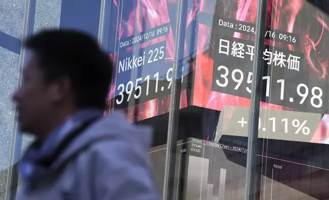 A person stands in front of an electronic stock board showing Japan's Nikkei index at a securities firm Monday, Dec. 16, 2024, in Tokyo. (AP Photo/Eugene Hoshiko)