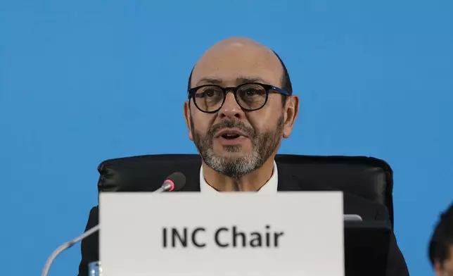 Chair of the International Negotiating Committee Luis Vayas Valdivieso speaks during the start of a plenary of the fifth session of the Intergovernmental Negotiating Committee on Plastic Pollution in Busan, South Korea, Sunday, Dec. 1, 2024. (AP Photo/Ahn Young-joon)