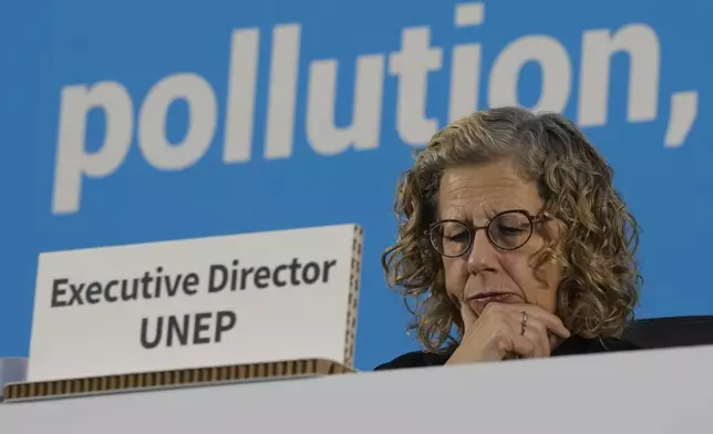 Inger Andersen, Executive Director of UNEP, gestures before the start of a plenary of the fifth session of the Intergovernmental Negotiating Committee on Plastic Pollution in Busan, South Korea, Sunday, Dec. 1, 2024. (AP Photo/Ahn Young-joon)