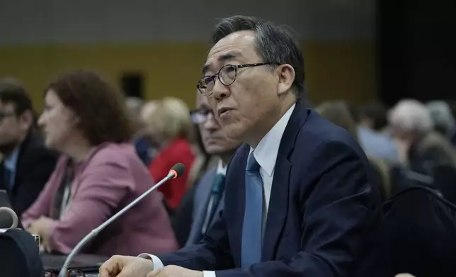 South Korean Foreign Minister Cho Tae-yul speaks during a plenary of the fifth session of the Intergovernmental Negotiating Committee on Plastic Pollution in Busan, South Korea, Sunday, Dec. 1, 2024. (AP Photo/Ahn Young-joon)