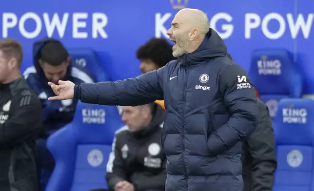 Chelsea's head coach Enzo Maresca reacts during the English Premier League soccer match between Leicester City and Chelsea at King Power stadium in Leicester, England, Saturday, Nov. 23, 2024. (AP Photo/Dave Shopland)