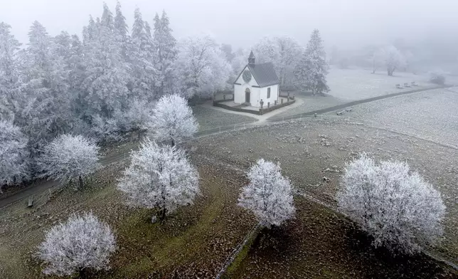 Frozen trees surround a chapel on a cold day, in Oberreifenberg near Frankfurt, Germany, Dec. 14, 2024. (AP Photo/Michael Probst)