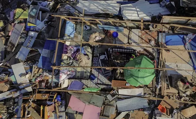 Drone view of destroyed dwellings in Mirereni, Mayotte, Friday, Dec. 20, 2024. (AP Photo/Adrienne Surprenant)