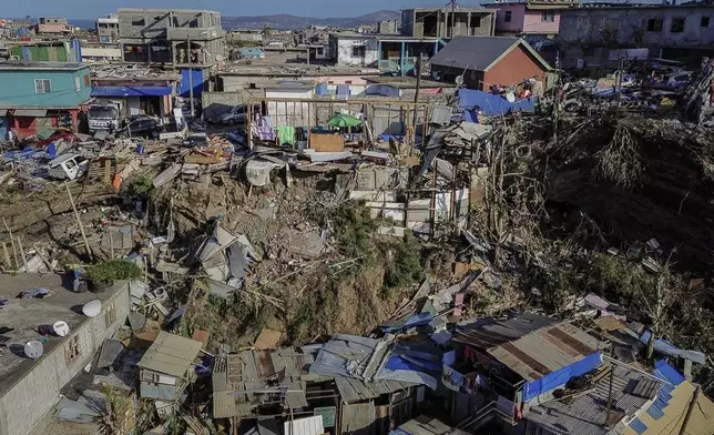 Drone view of destroyed dwellings in Mirereni, Mayotte, Friday, Dec. 20, 2024. (AP Photo/Adrienne Surprenant)