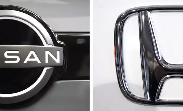 FILE - This combination of photos shows the logo of Nissan, left, and Honda, right, seen at the Pittsburgh International Auto Show in Pittsburgh, Feb. 15, 2024. (AP Photo/Gene J. Puskar, File)