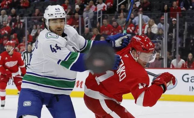 Vancouver Canucks left wing Kiefer Sherwood (44) gives a shove to Detroit Red Wings right wing Vladimir Tarasenko (11) during the first period of an NHL hockey game Sunday, Dec. 1, 2024, in Detroit. (AP Photo/Duane Burleson)