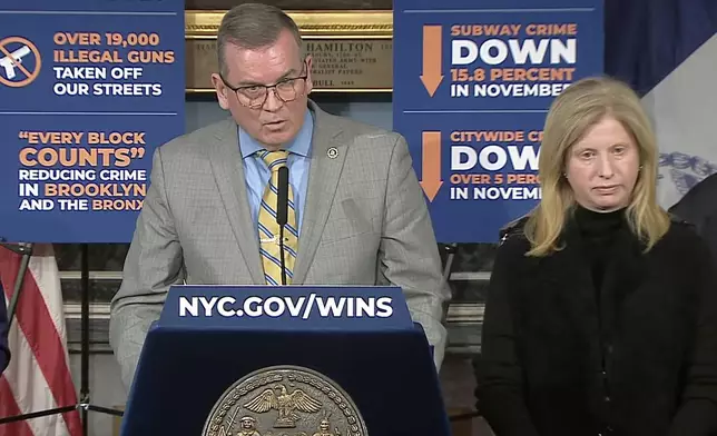 In this photo taken from video, New York Police chief of detectives Joseph Kenny answers questions during a news conference, Monday, Dec. 9, 2024, in New York. (New York City Mayor's Office via AP)