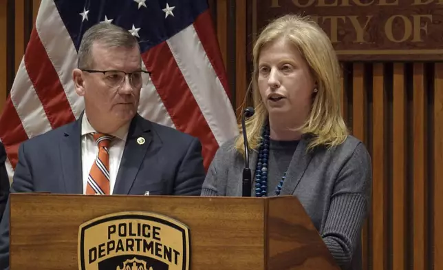 New York City Police Commissioner Jessica Tisch, accompanied by Chief of Detectives Joseph Kenny, speaks during a news conference at police headquarters, Wednesday Dec. 4, 2024, concerning the shooting death of UnitedHealthcare CEO Brian Thompson outside a New York hotel. (AP Photo/Ted Shaffrey)