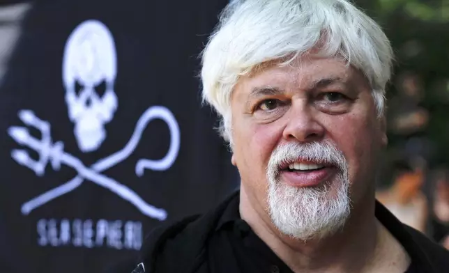 FILE - In this May 23, 2012 file picture Paul Watson, founder and President of the animal rights and environmental group Sea Shepherd Conservation takes part in a demonstration against the Costa Rican government near Germany's Presidential residence during a visit of Costa Rica's president Laura Chinchilla in Berlin, Germany. (AP Photo/Markus Schreiber, File)