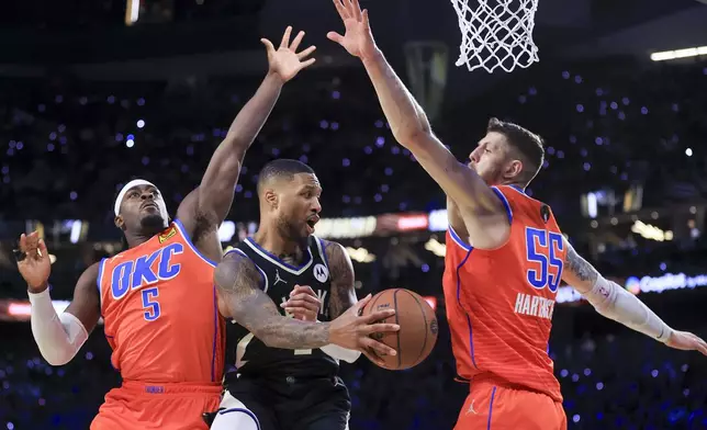 Milwaukee Bucks guard Damian Lillard (0) passes between Oklahoma City Thunder guard Luguentz Dort (5) and center Isaiah Hartenstein (55) during the second half of the championship game in the NBA Cup basketball tournament Tuesday, Dec. 17, 2024, in Las Vegas. (AP Photo/Ian Maule)