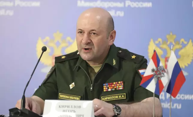 FILE - Maj. Gen. Igor Kirillov, the chief of the Russian military's radiation, chemical and biological protection unit, attends a briefing in Kubinka Patriot park, outside Moscow, Russia, on June 22, 2018. (AP Photo, File)