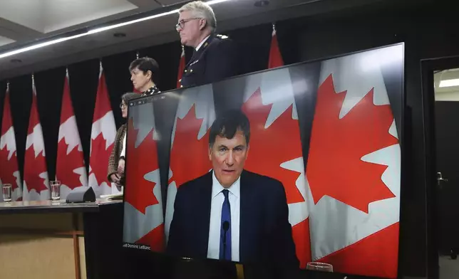 Minister of Public Safety, Democratic Institutions and Intergovernmental Affairs Dominic LeBlanc speaks virtually at a press conference on new measures to strengthen gun control in Ottawa, Ontario, on Thursday, Dec. 5, 2024. (Patrick Doyle/The Canadian Press via AP)