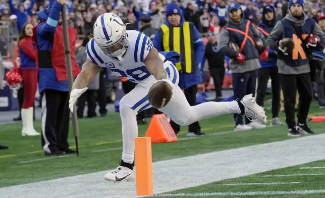 Indianapolis Colts running back Jonathan Taylor scores a touchdown during the first half of an NFL football game against the New England Patriots, Sunday, Dec. 1, 2024, in Foxborough, Mass. (AP Photo/Steven Senne)