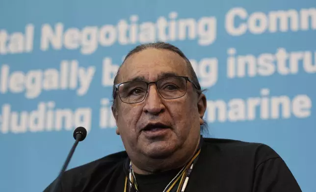 Juan Benito Marcias, a member of The International Indigenous Peoples' Forum on Plastic, speaks during a press conference at the fifth session of the Intergovernmental Negotiating Committee on Plastic Pollution in Busan, South Korea, Saturday, Nov. 30 2024. (AP Photo/Ahn Young-joon)