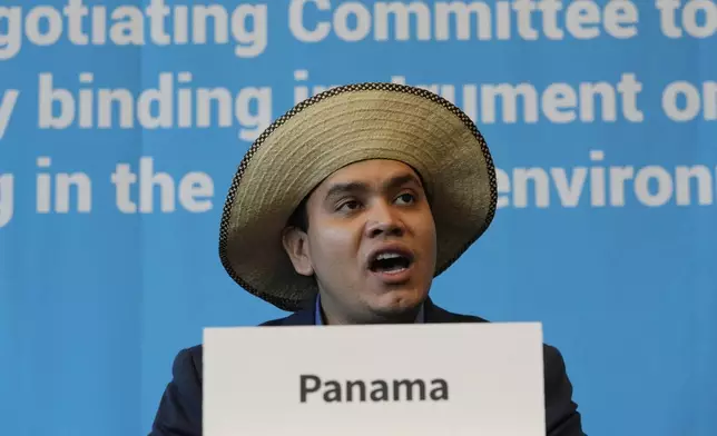 Juan Carlos Monterrey, head of Panama's delegation, speaks during a press conference at the fifth session of the Intergovernmental Negotiating Committee on Plastic Pollution in Busan, South Korea, Sunday, Dec. 1, 2024. (AP Photo/Ahn Young-joon)