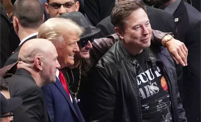 FILE - President-elect Donald Trump poses for a photo with Dana White, Kid Rock and Elon Musk at UFC 309 at Madison Square Garden, Nov. 16, 2024, in New York. (AP Photo/Evan Vucci, File)