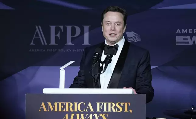 FILE - Elon Musk speaks after President-elect Donald Trump spoke during an America First Policy Institute gala at his Mar-a-Lago estate, Nov. 14, 2024, in Palm Beach, Fla. (AP Photo/Alex Brandon, File)