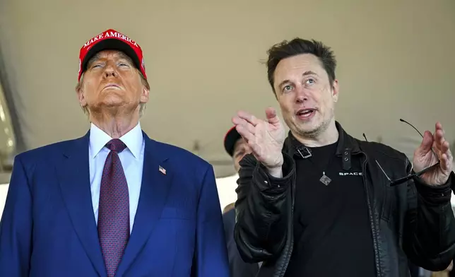 FILE - President-elect Donald Trump listens to Elon Musk as he arrives to watch SpaceX's mega rocket Starship lift off for a test flight from Starbase in Boca Chica, Texas, Nov. 19, 2024. (Brandon Bell/Pool via AP, File)