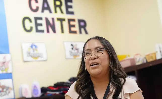 Paula Wilson, cultural success coach at Rice Primary School talks about the Care Center Tuesday, Aug. 27, 2024, in San Carlos, Ariz. (AP Photo/Ross D. Franklin)