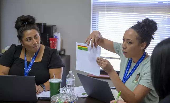 Social worker Mary Schmauss, left, and attendance clerk Katrice Grant, discussing truancy cases they need to tackle, Tuesday, Oct. 1, 2024, at Algodones Elementary School in Algodones, N.M. (AP Photo/Roberto E. Rosales)