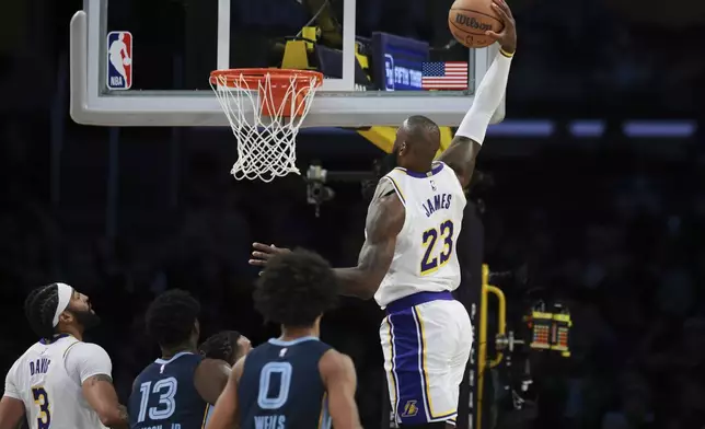 Los Angeles Lakers forward LeBron James (23) dunks the ball as forward Anthony Davis (3), Memphis Grizzlies forward Jaren Jackson Jr. (13) and forward Jaylen Wells (0) watch during the first half of an NBA basketball game, Sunday, Dec. 15, 2024, in Los Angeles. (AP Photo/Jessie Alcheh)