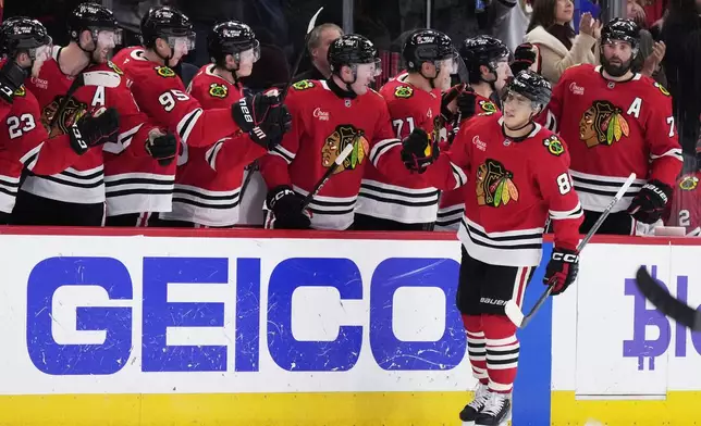 Chicago Blackhawks center Teuvo Teravainen (86) celebrates with teammates after scoring during the second period of an NHL hockey game against the New York Islanders in Chicago, Sunday, Dec. 15, 2024. (AP Photo/Nam Y. Huh)