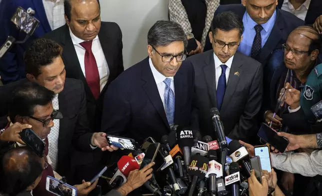 Indian Foreign Secretary Vikram Misra speaks to the media after meeting his Bangladeshi counterpart at the Ministry of Foreign Affairs in Dhaka, Bangladesh, Monday, Nov. 9, 2024. (AP Photo/Mahmud Hossain Opu)