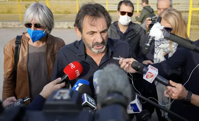 Open Arms founder Oscar Camps talks to the media as he arrives at a at Palermo's court room where a trial against former Italian minister of interior Matteo Salvini, accused for the kidnapping of migrants, is being held, Saturday, Oct. 23, 2021. (AP Photo/Gregorio Borgia, File)