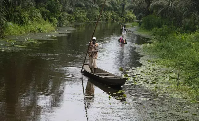 FILE- A man paddles a canoe near a Voodoo sacred forest in Adjarra, Benin, on Wednesday, Oct. 4, 2023. (AP Photo/Sunday Alamba, File)