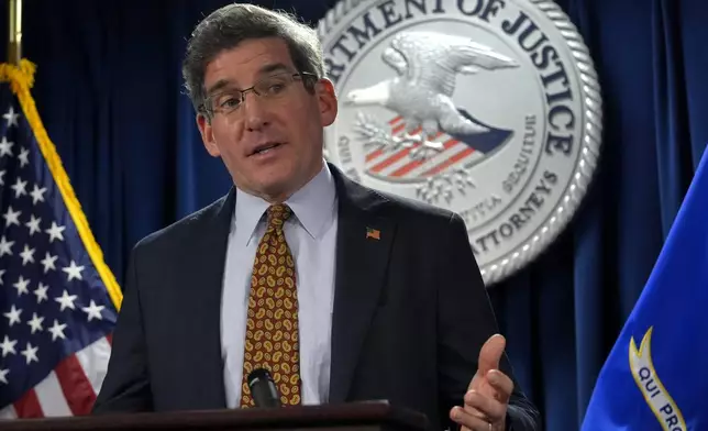 U.S. Attorney District of Massachusetts Joshua Levy takes questions from reporters during a news conference, Monday, Dec. 16, 2024, at the federal courthouse, in Boston. (AP Photo/Steven Senne)