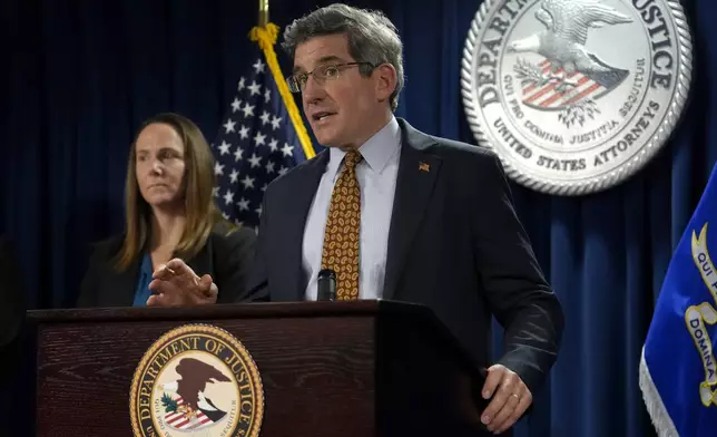 U.S. Attorney District of Massachusetts Joshua Levy, right, faces reporters as Special Agent in Charge FBI, Boston Division Jodi Cohen, left, looks on during a news conference, Monday, Dec. 16, 2024, at the federal courthouse, in Boston. (AP Photo/Steven Senne)