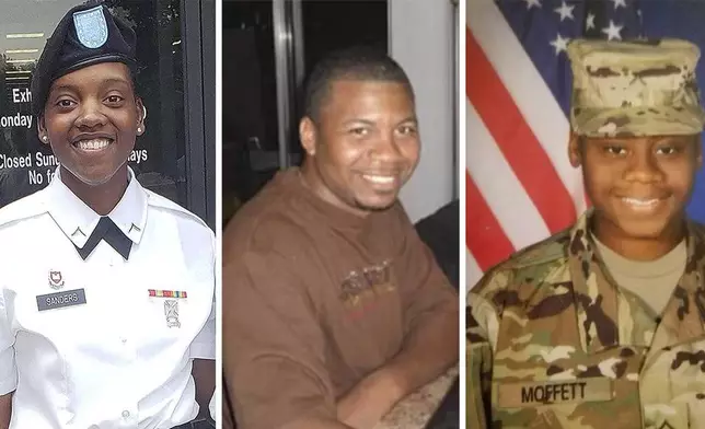 FILE - This combination of photos provided by Shawn Sanders, left, and the U.S. Army, center and right, show from left to right, Sgt. Kennedy Sanders, Staff Sgt. William Jerome Rivers and Sgt. Breonna Alexsondria Moffett. The three U.S. Army Reserve soldiers from Georgia, all of whom received posthumous promotions in rank, were killed by a drone strike on Jan. 28, 2024, on their base in Jordan near the Syrian border. The first funeral service was scheduled Tuesday morning, Feb. 13, for Rivers at a Baptist church in Carrollton, west of Atlanta. (Shawn Sanders and U.S. Army via AP, File)