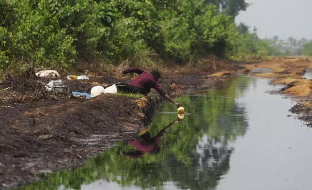 A woman scoops oil from a spill in the Niger Delta in village of Ogboinbiri, Nigeria, Wednesday, Dec. 11, 2024. (AP Photo/Sunday Alamba)