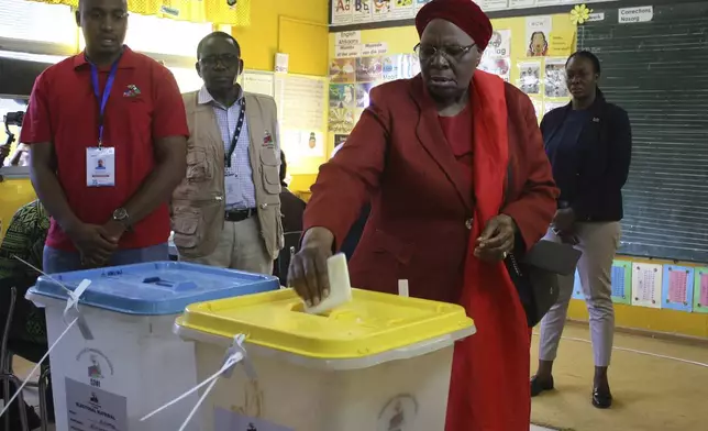 Namibia's vice president, Netumbo Nandi-Ndaitwah, of the ruling South West Africa People's Organization, (SWAPO) casts her vote in a presidential election, in Windhoek, Namibia, Wednesday, Nov. 27, 2024. (AP Photo/Esther Mbathera)