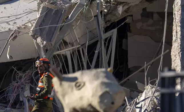 An officer from the home front command military unit examines the damaged after a large piece of shrapnel from Houthi missile collapsed a school building in Ramat Gan, a suburb of Tel Aviv, Israel, Thursday, Dec. 19, 2024. (AP Photo/Ariel Schalit)