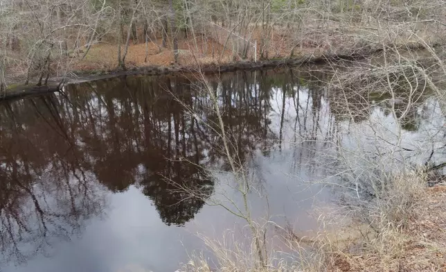 Trees are reflected in the slow-moving Toms River on Feb. 21, 2023, where the former Ciba-Geigy Chemical Corp. dumped toxic waste for decades. (AP Photo/Wayne Parry)